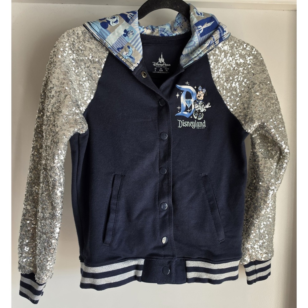 Disney Parks Kids Jacket Size L 12 Blue Silver Graphic Hooded Coat Zip Up